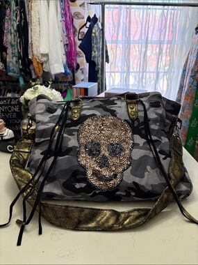 me.n.u. Gray Camo Tote with Sequin Skull and Metallic Gold Accents